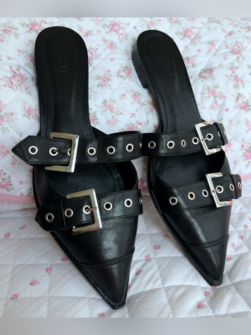 Schutz Penny Black Leather Pointed Toe Double Buckle Mule Goth Grunge Flats 11B - Picture 2 of 6